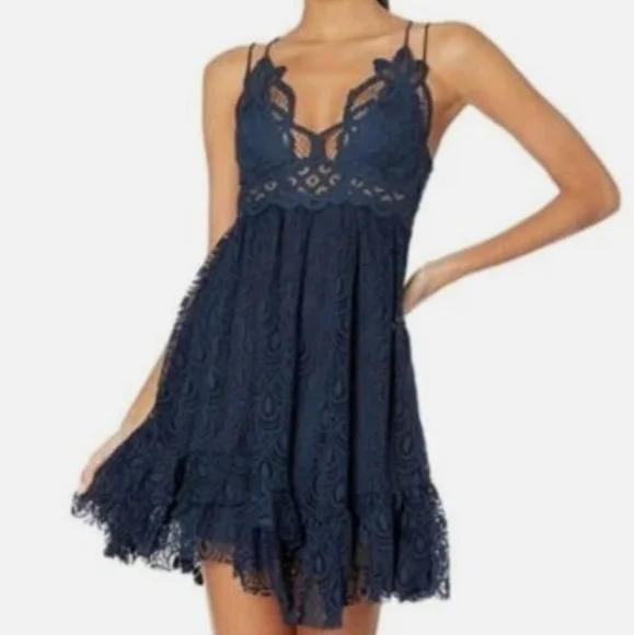 NWT, Free People ONE, Adella Burnout Lace Slip Mini Dress, Navy, XS - Picture 3 of 15